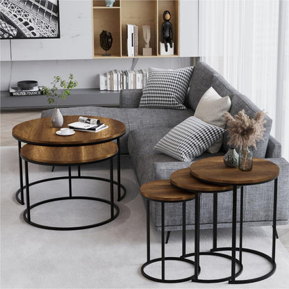 Tables d’appoint gigognes rondes Paris lot de 3 bois foncé structure métal noir
