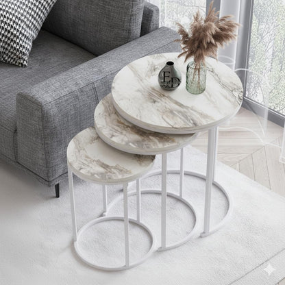 Tables d’appoint gigognes rondes Paris lot de 3 marbre blanc structure métal blanc
