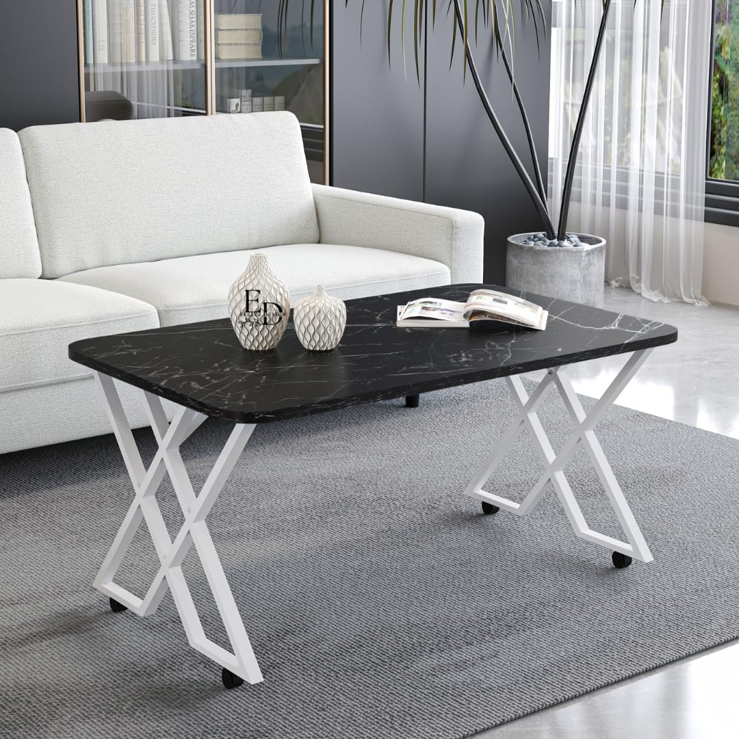 Table basse MILANO – Plateau marbre noir – Piètement X métal blanc – Roulettes ou bouchons