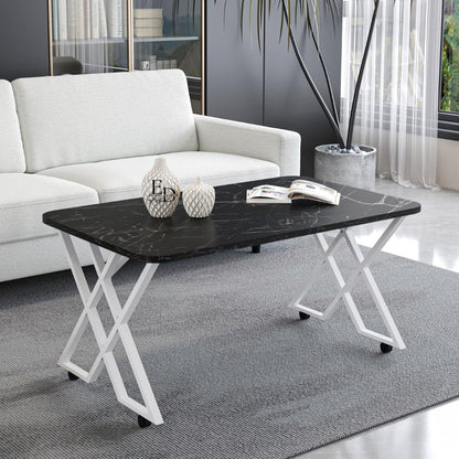 Table basse MILANO – Plateau marbre noir – Piètement X métal blanc – Roulettes ou bouchons