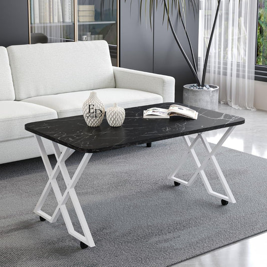 Table basse MILANO – Plateau marbre noir – Piètement X métal blanc – Roulettes ou bouchons