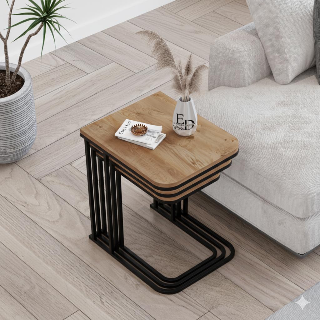 Tables d’appoint gigognes Lyon – Lot de 3 – Bois clair – Métal noir