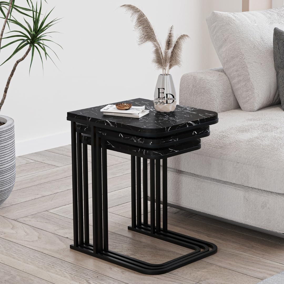 Tables d’appoint gigognes Lyon – Lot de 3 – Marbre noir – Métal noir