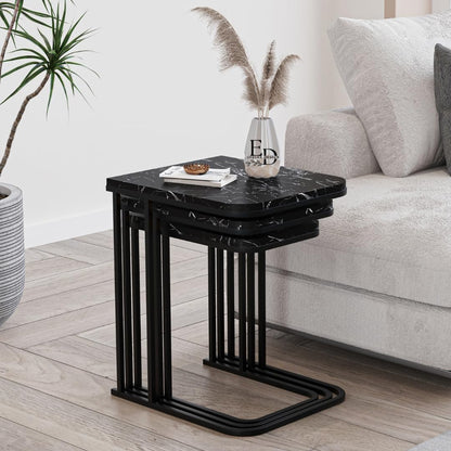 Tables d’appoint gigognes Lyon – Lot de 3 – Marbre noir – Métal noir