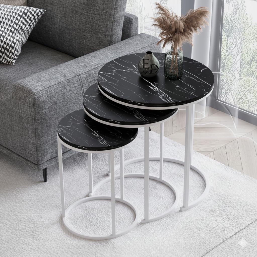 Tables d’appoint gigognes rondes Paris lot de 3 marbre noir structure métal blanc