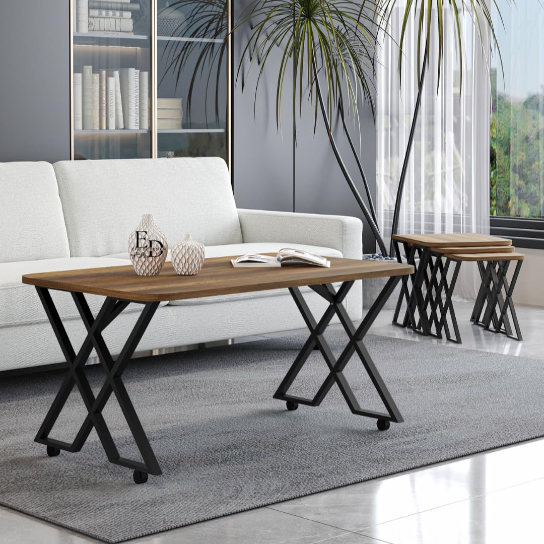 Table basse MILANO – Plateau bois foncé – Piètement X métal noir – Roulettes ou bouchons