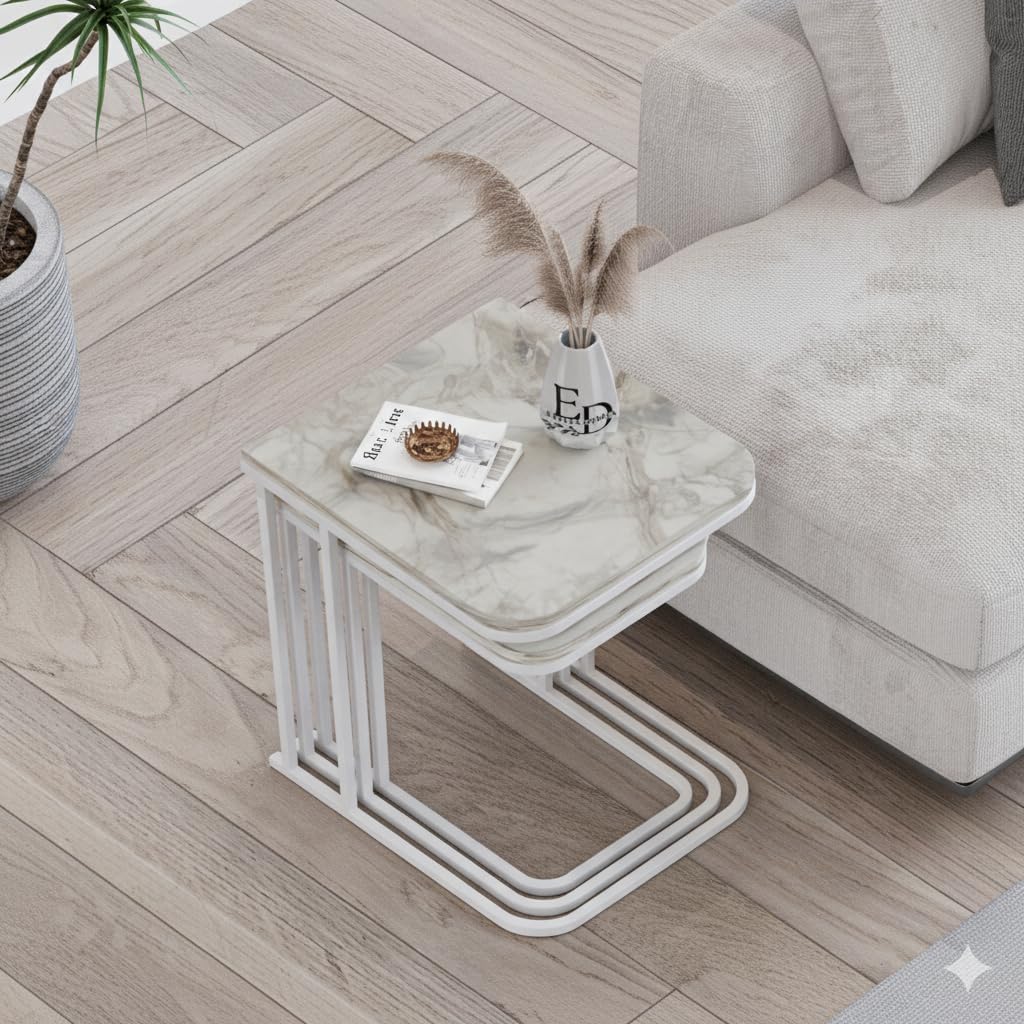 Tables d’appoint gigognes Lyon – Lot de 3 – Marbre blanc – Métal blanc