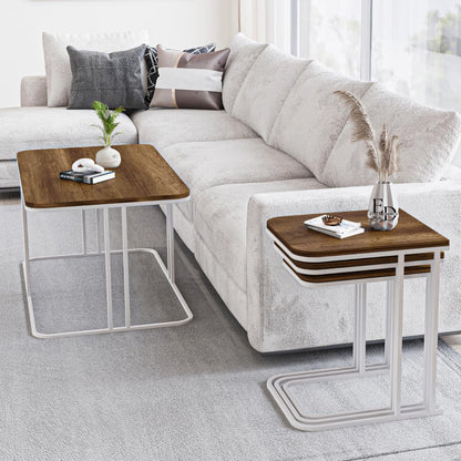 Tables d’appoint gigognes Lyon – Lot de 3 – Bois foncé – Structure métal blanc