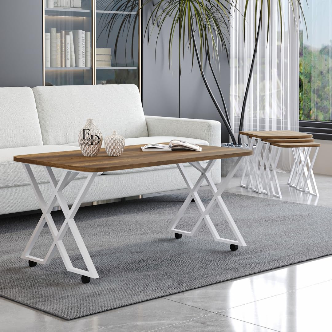 Table basse MILANO rectangulaire – Plateau bois foncé et structure métal blanche avec roulettes