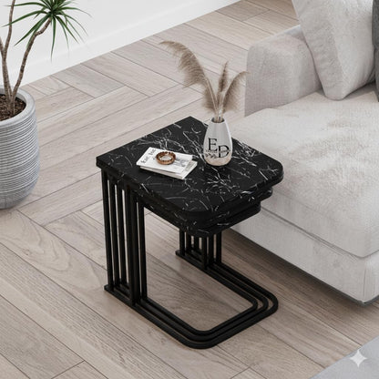 Tables d’appoint gigognes Lyon – Lot de 3 – Marbre noir – Métal noir