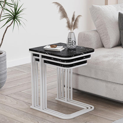 Tables d’appoint gigognes Lyon – Lot de 3 – Marbre noir – Métal blanc
