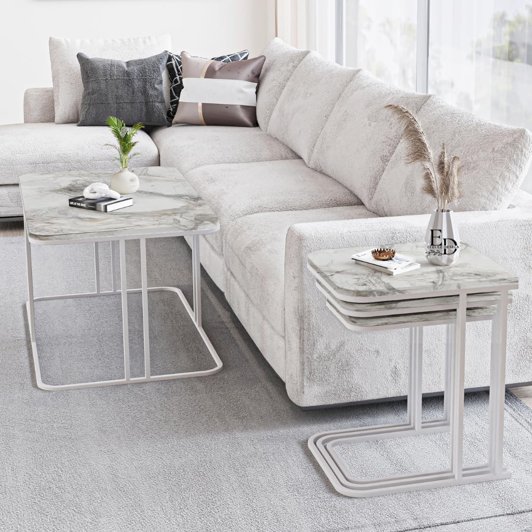 Tables d’appoint gigognes Lyon – Lot de 3 – Marbre blanc – Métal blanc