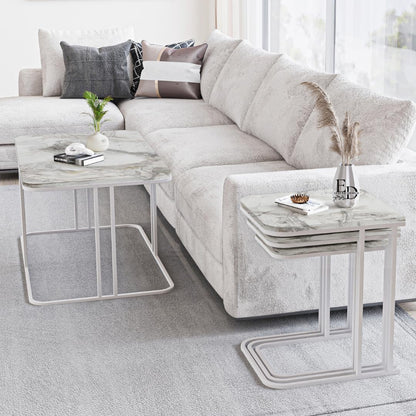 Tables d’appoint gigognes Lyon – Lot de 3 – Marbre blanc – Métal blanc