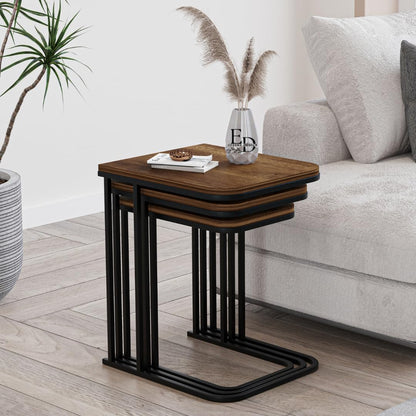 Tables d’appoint gigognes Lyon – Lot de 3 – Bois foncé – Métal noir