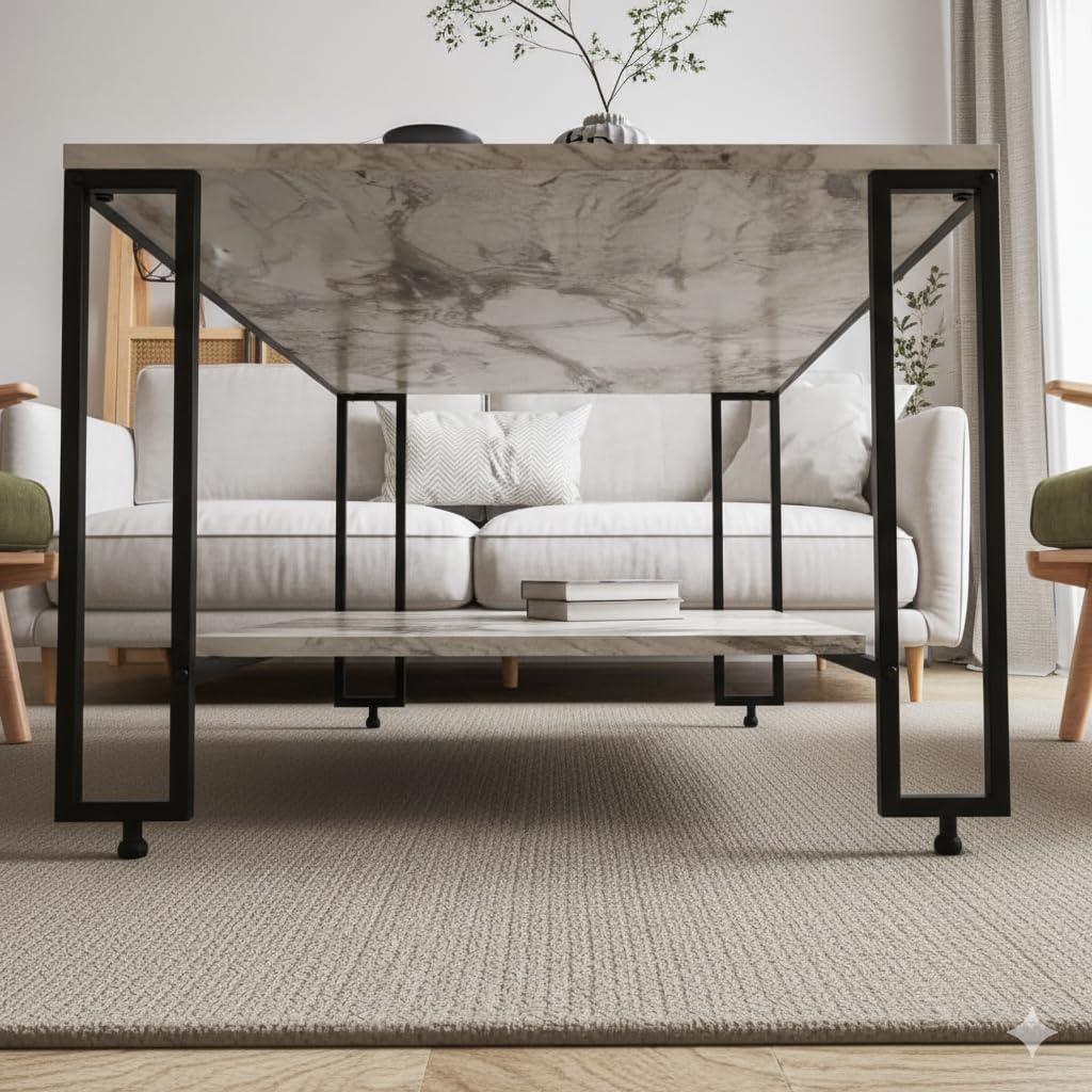 Table basse rectangulaire Nury avec étagère, plateau marbre blanc, structure métal noir