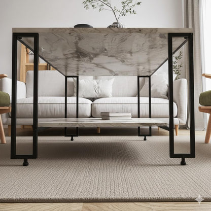 Table basse rectangulaire Nury avec étagère, plateau marbre blanc, structure métal noir