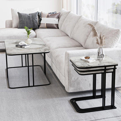 Tables d’appoint gigognes Lyon – Lot de 3 – Marbre blanc – Métal noir