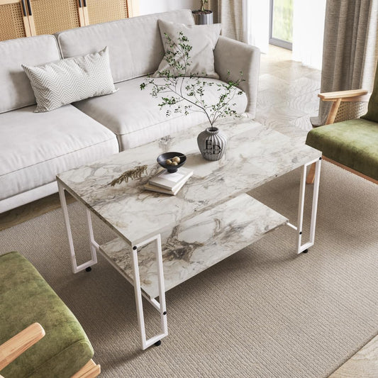 Table basse rectangulaire Nury avec étagère, plateau effet marbre blanc, structure métal blanc