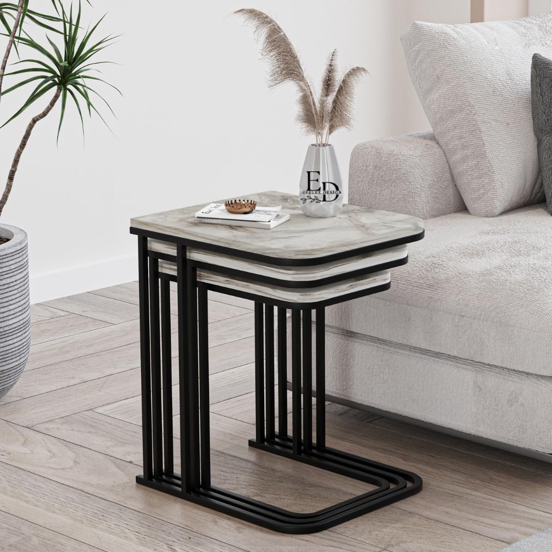 Tables d’appoint gigognes Lyon – Lot de 3 – Marbre blanc – Métal noir