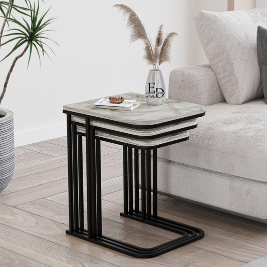 Tables d’appoint gigognes Lyon – Lot de 3 – Marbre blanc – Métal noir