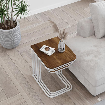 Tables d’appoint gigognes Lyon – Lot de 3 – Bois foncé – Structure métal blanc