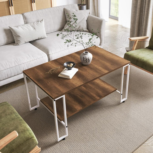 Table basse rectangulaire Nury avec étagère, plateau effet bois foncé, structure métal blanc