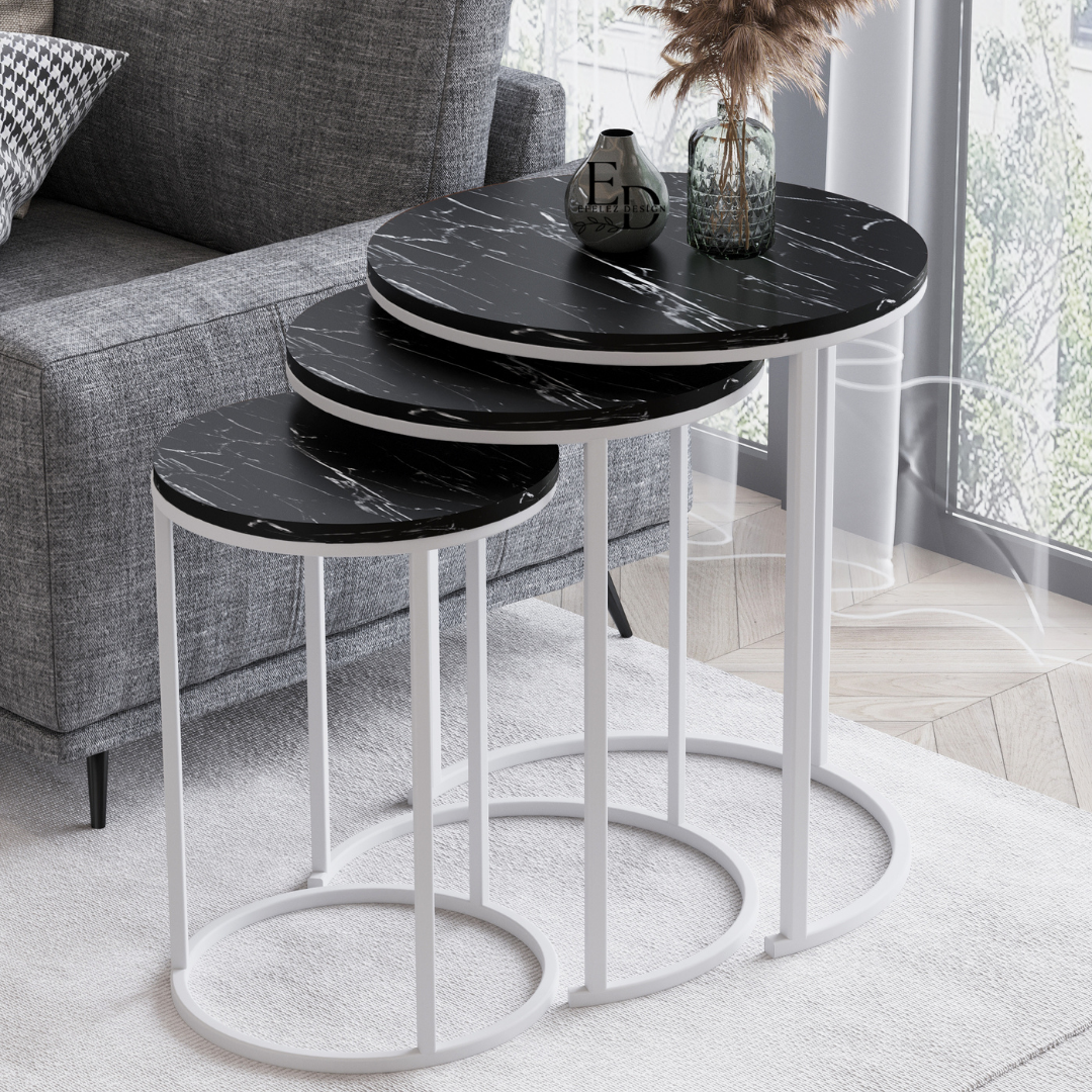Tables gigognes rondes Paris (lot de 3) – plateau marbre noir et structure blanche