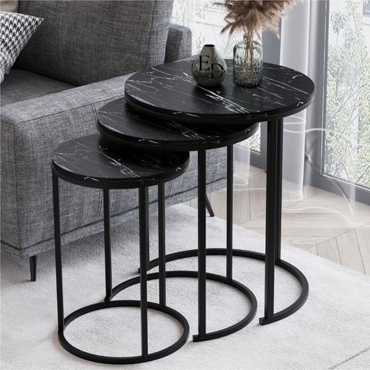 Tables gigognes rondes Paris (lot de 3) – Plateau marbre noir, structure noire