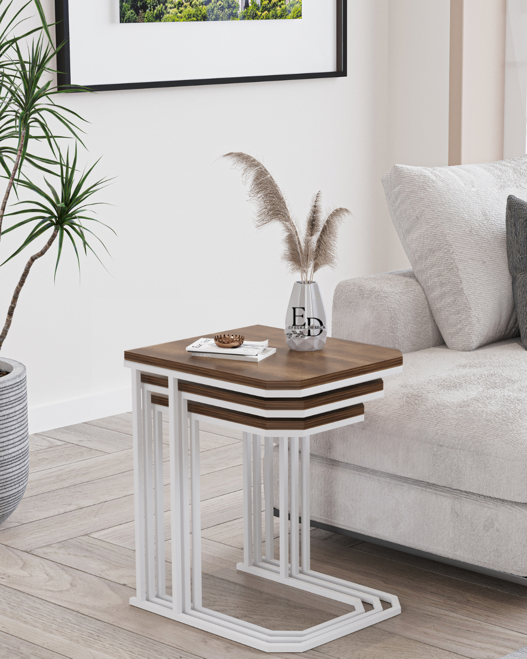 Tables d’appoint gigognes Lyon bois foncé – lot de 3 – structure blanche – 47x40 cm, 45,5x34 cm, 44x28 cm – design pratique et élégant