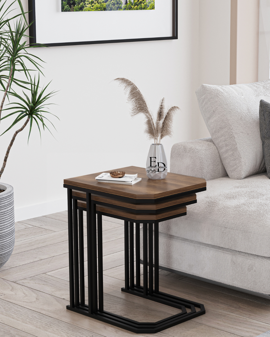Table d'appoint gigogne Lyon (lot de 3) – bois foncé et métal blanc – design moderne