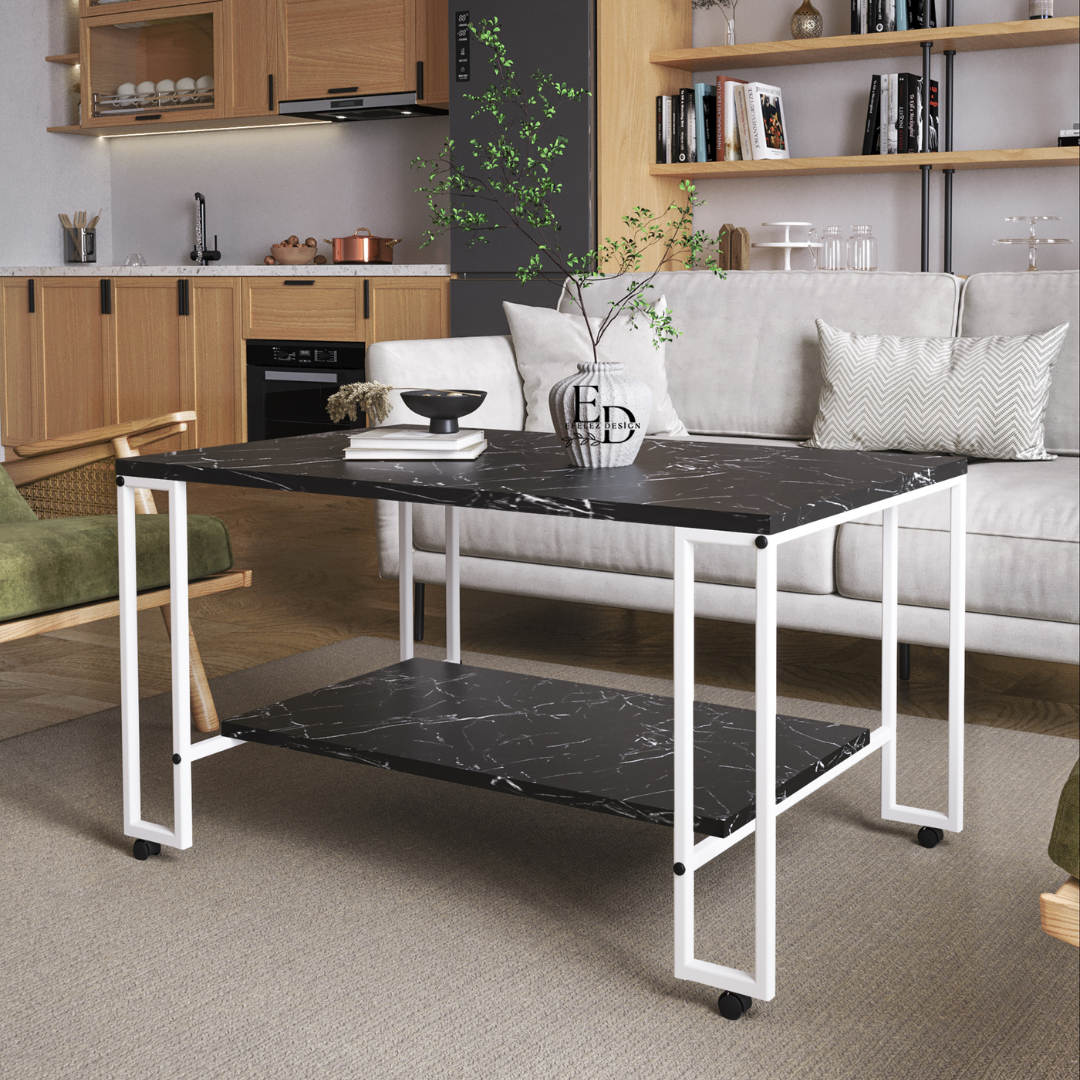 Table basse rectangulaire Nury bois foncé avec étagère – structure blanche – 100x60x52 cm – avec roulettes – design contemporain