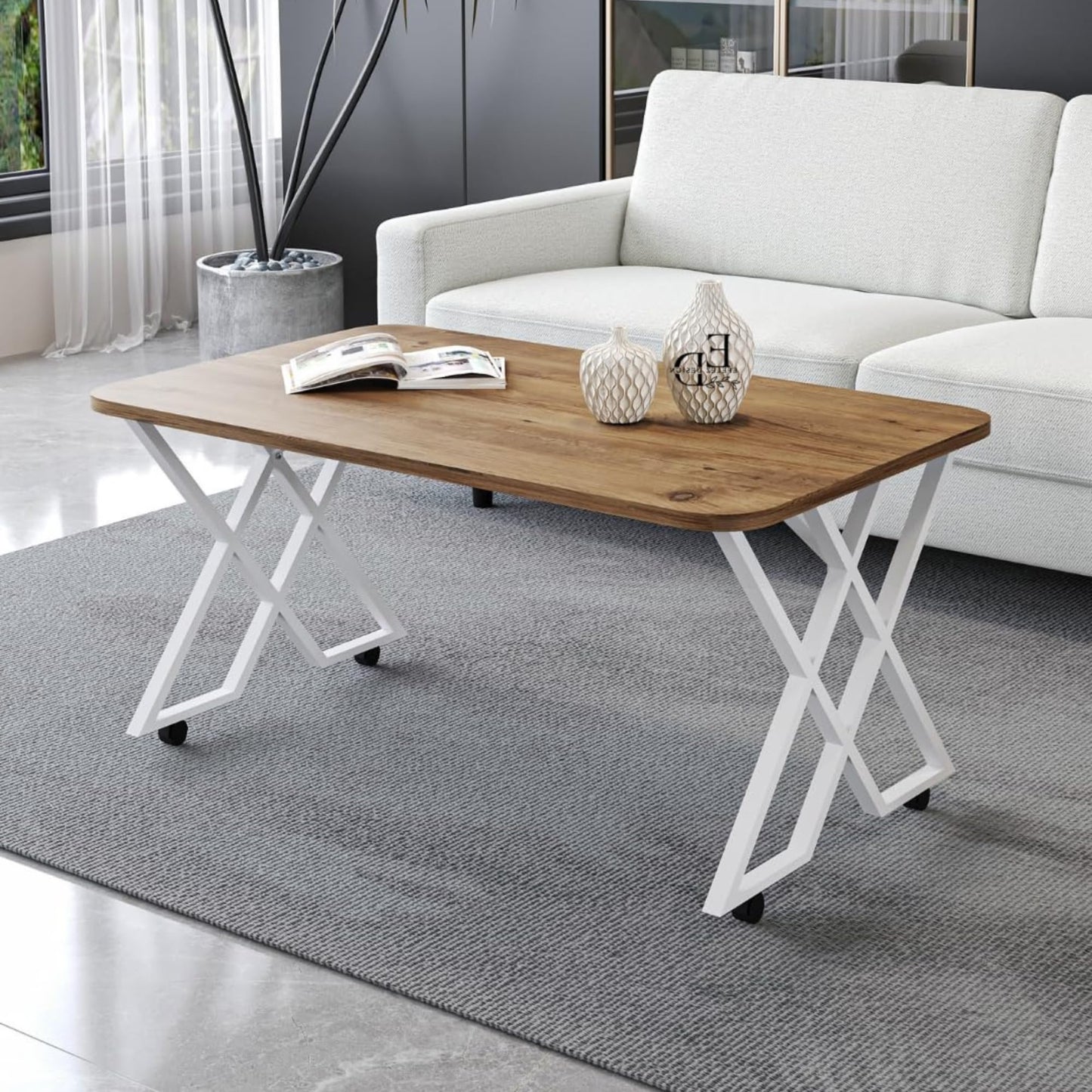 Table basse MILANO rectangulaire – Design moderne bois et métal avec roulettes