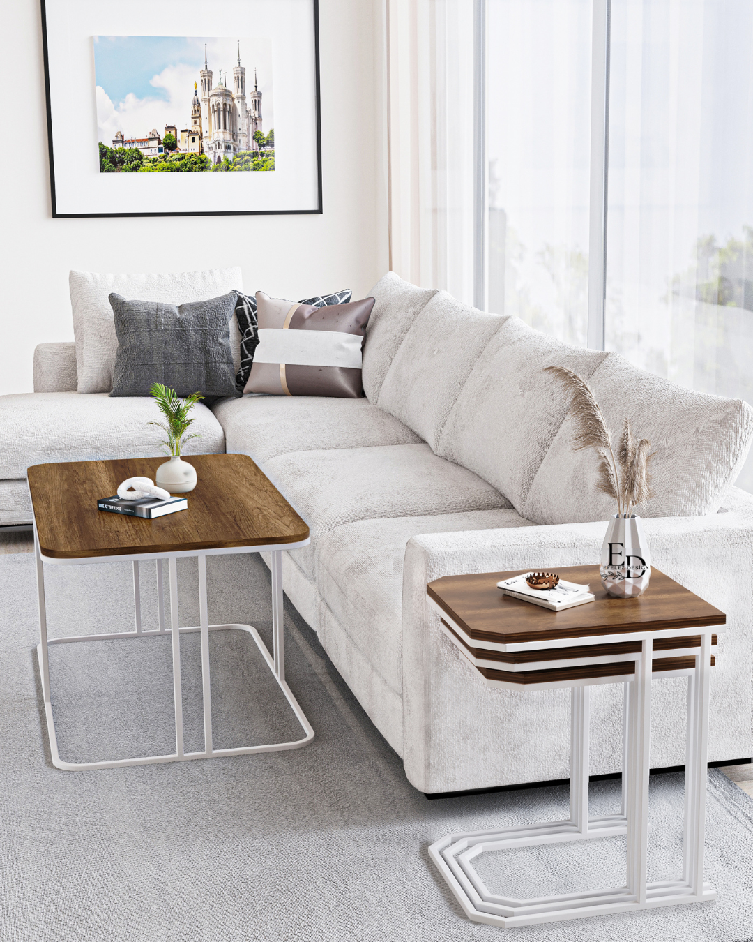 Tables d’appoint gigognes Lyon bois foncé – lot de 3 – structure blanche – 47x40 cm, 45,5x34 cm, 44x28 cm – design pratique et élégant