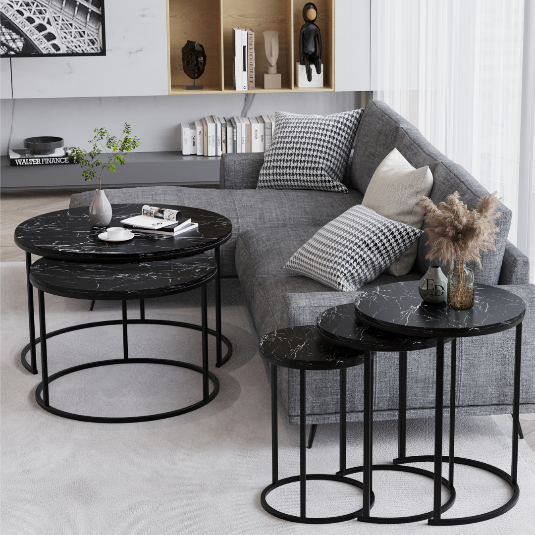Tables gigognes rondes Paris (lot de 3) – Plateau marbre noir, structure noire
