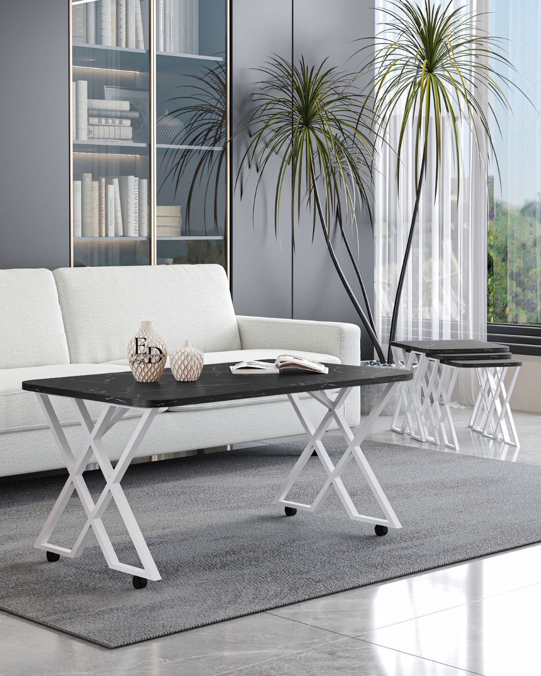 Table basse Milano marbre noir 100x60 cm - Structure blanche en métal avec roulettes