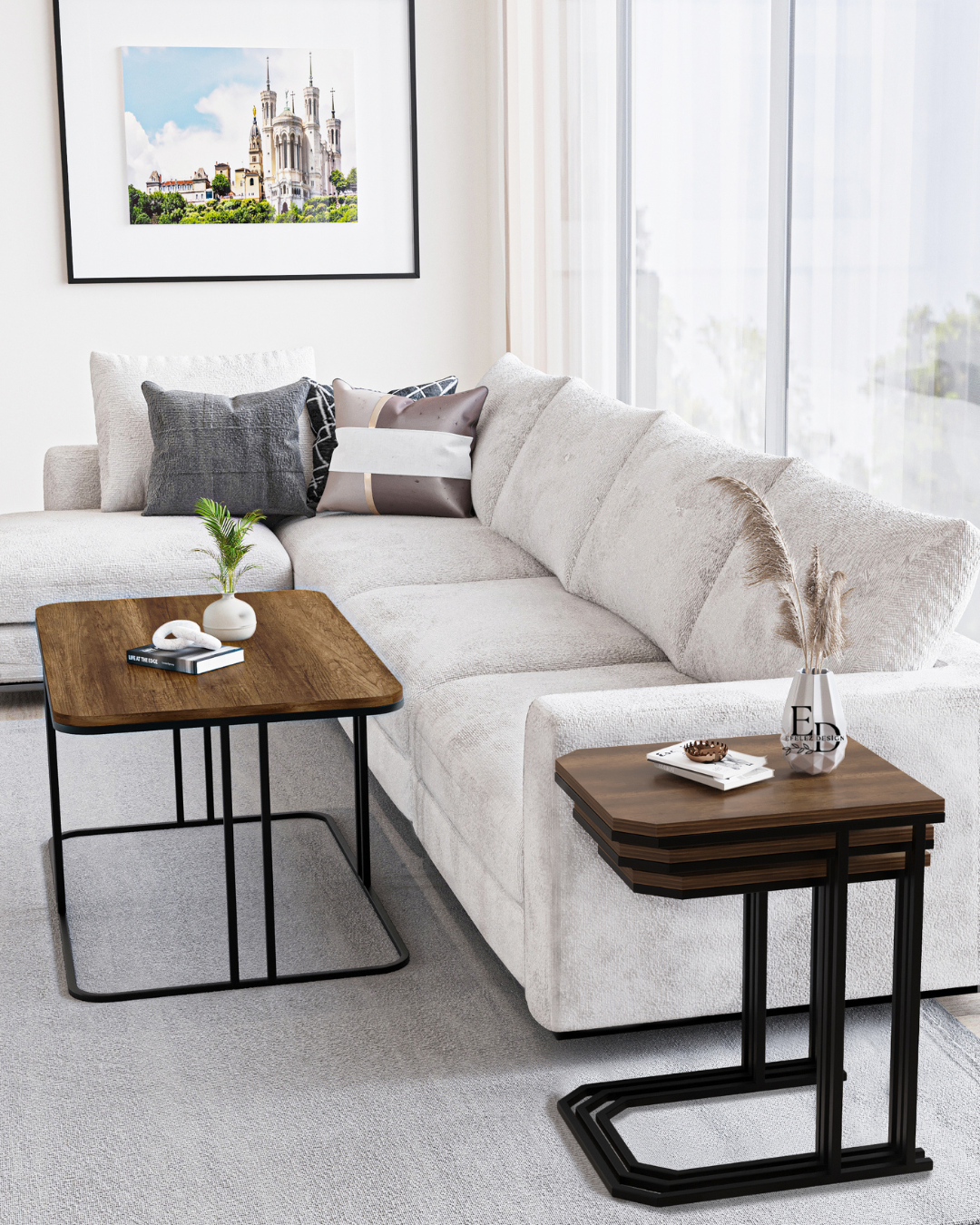 Table d'appoint gigogne Lyon (lot de 3) – bois foncé et métal blanc – design moderne