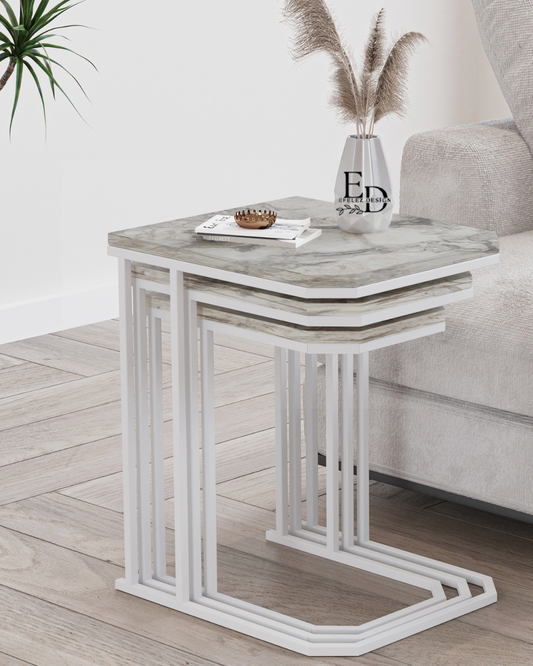 Table d’appoint gigogne Lyon (lot de 3) – plateau marbre blanc et structure blanche