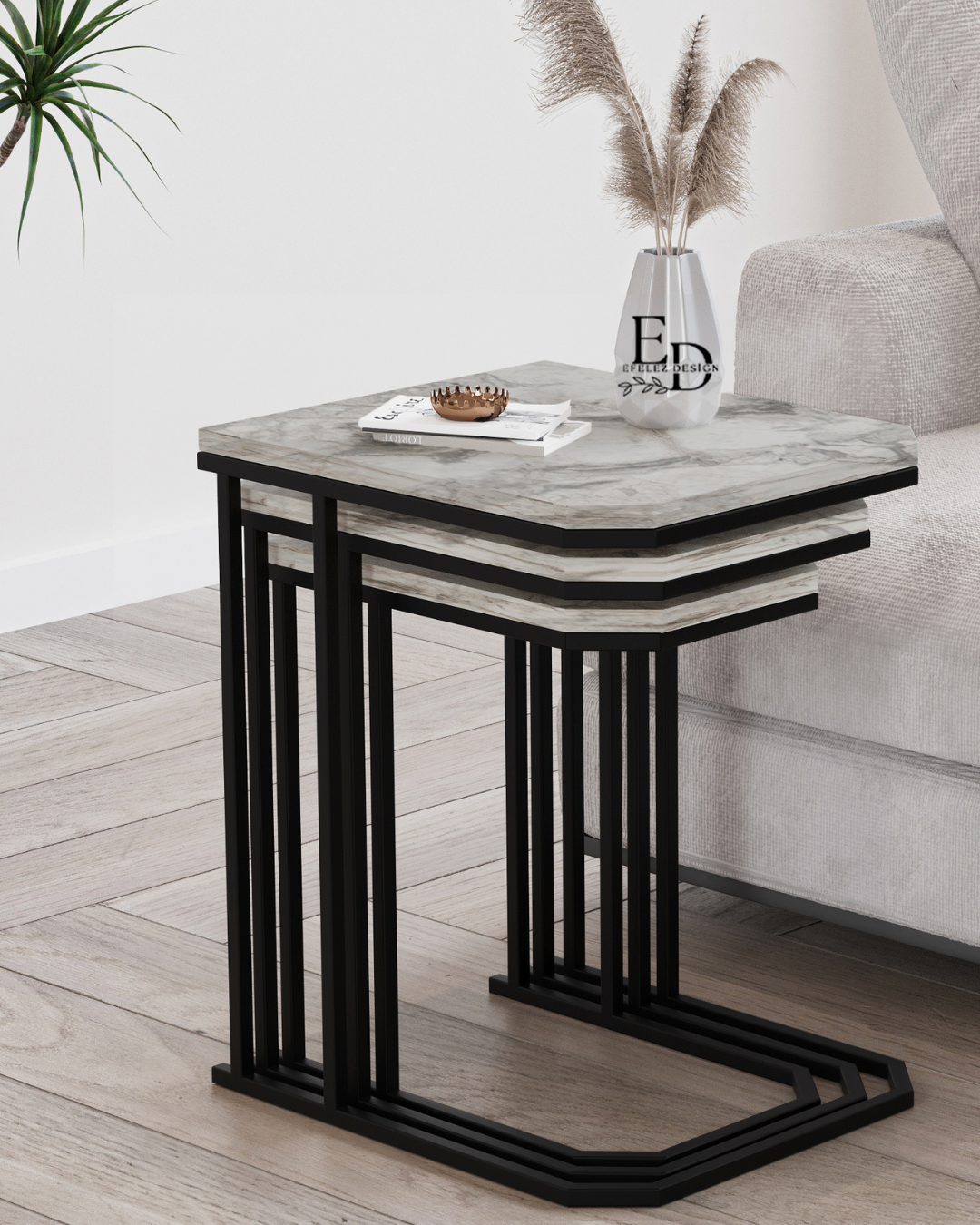 Tables gigognes Lyon lot de 3 – Marbre blanc & structure noire – Design moderne empilable