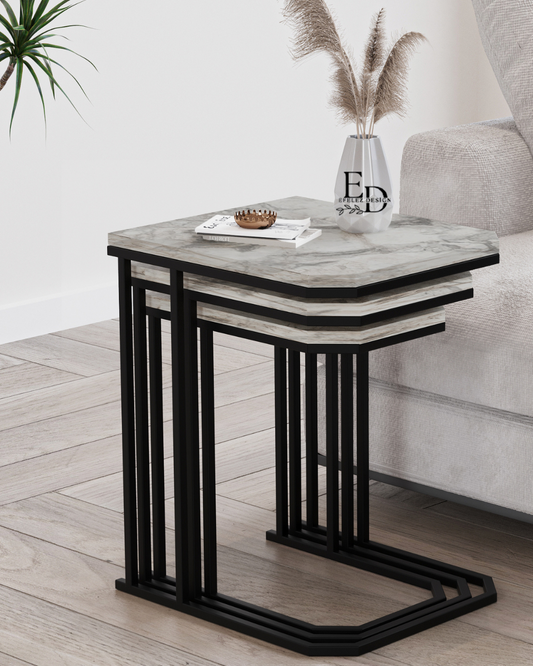 Tables gigognes Lyon lot de 3 – Marbre blanc & structure noire – Design moderne empilable