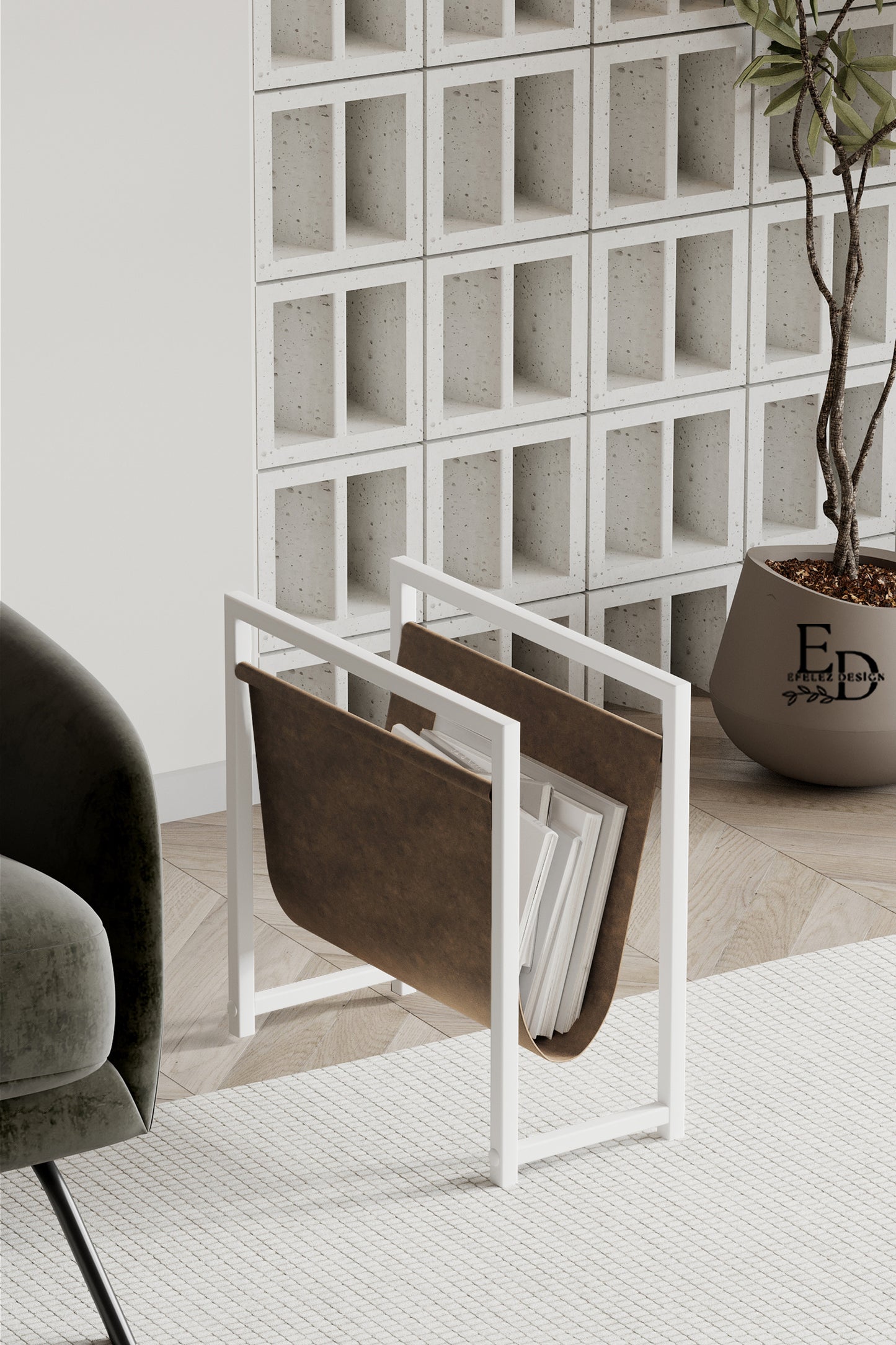 Porte-revues design EMIDECO – Structure métal blanc & revêtement cuir marron – Rangement élégant pour magazines, journaux ou dossiers A4