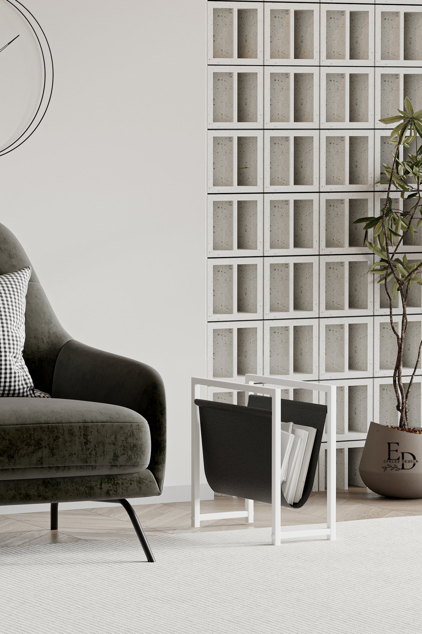 Porte-revues design en cuir noir et métal blanc – Rangement moderne compact EMIDECO pour magazines, journaux ou livres