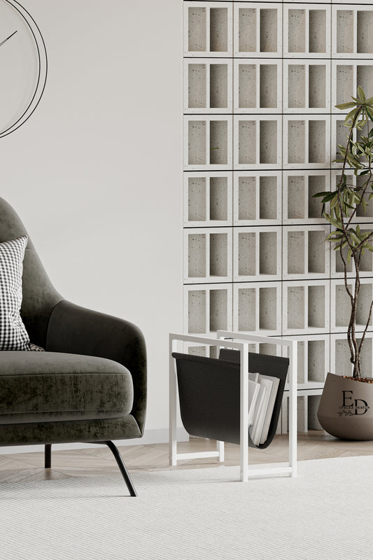 Porte-revues design en cuir noir et métal blanc – Rangement moderne compact EMIDECO pour magazines, journaux ou livres
