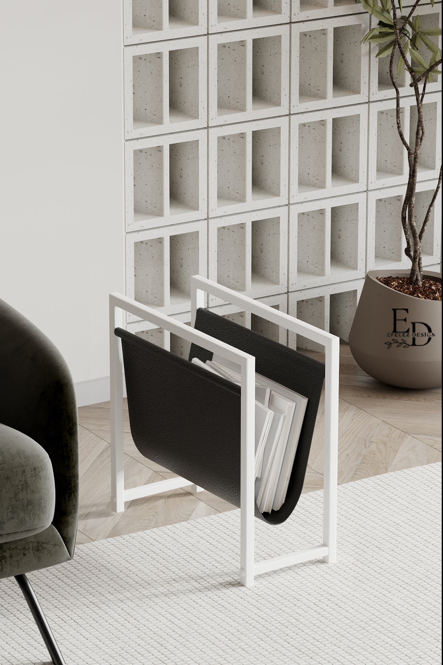 Porte-revues design en cuir noir et métal blanc – Rangement moderne compact EMIDECO pour magazines, journaux ou livres