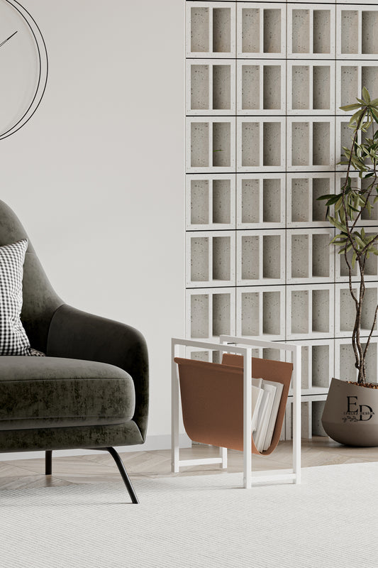 Porte-revues design en cuir tabac et métal blanc – Rangement moderne compact EMIDECO pour magazines, journaux ou livres