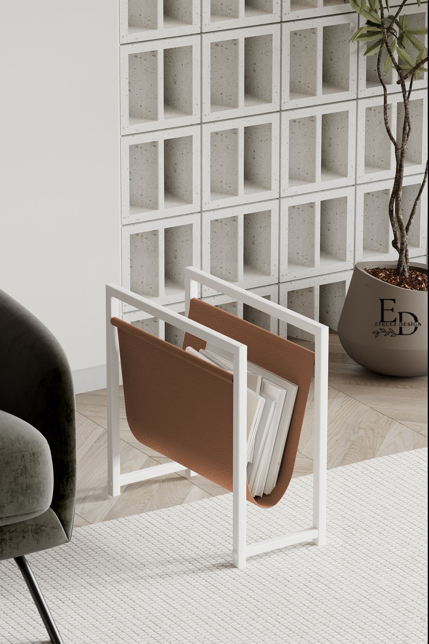 Porte-revues design en cuir tabac et métal blanc – Rangement moderne compact EMIDECO pour magazines, journaux ou livres