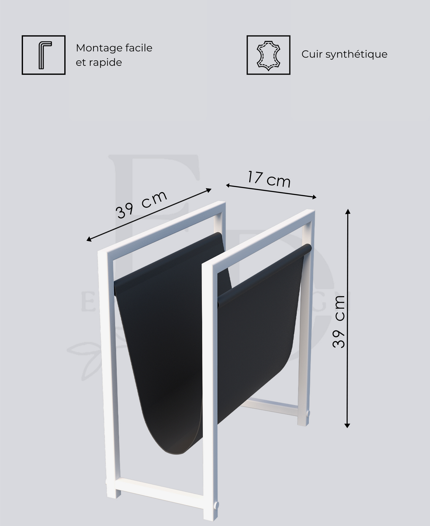 Porte-revues design en cuir noir et métal blanc – Rangement moderne compact EMIDECO pour magazines, journaux ou livres