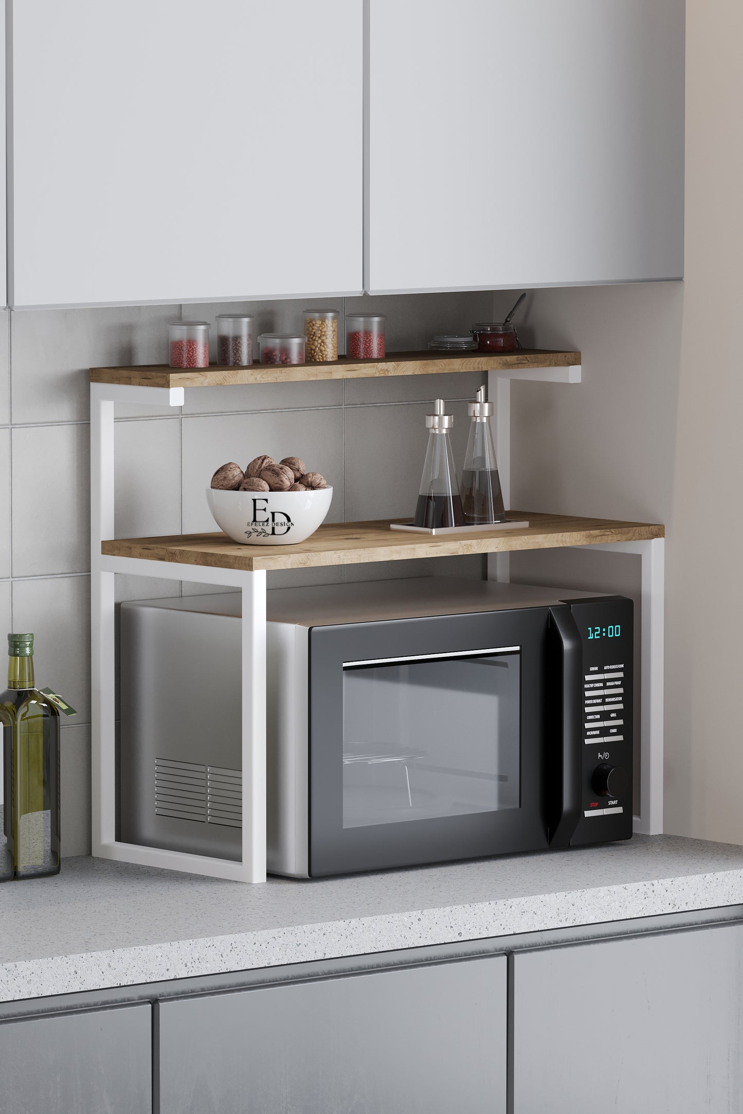 Étagère micro-ondes bois clair et métal blanc – Rangement cuisine 2 niveaux – Compact et robuste – EMIDECO