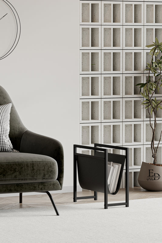 Porte-revues design en cuir noir et métal noir – Rangement moderne compact EMIDECO pour magazines, journaux ou livres