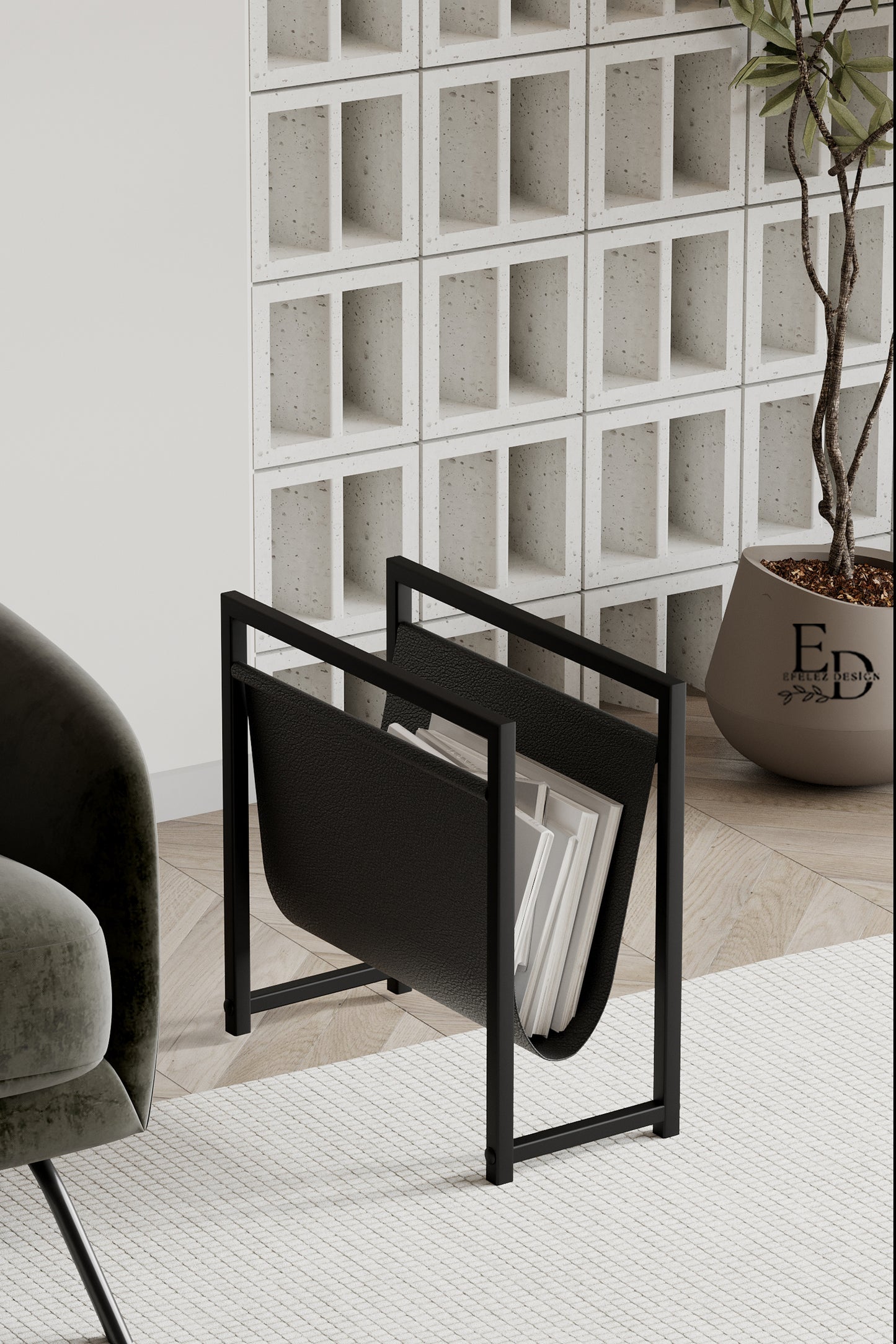 Porte-revues design en cuir noir et métal noir – Rangement moderne compact EMIDECO pour magazines, journaux ou livres