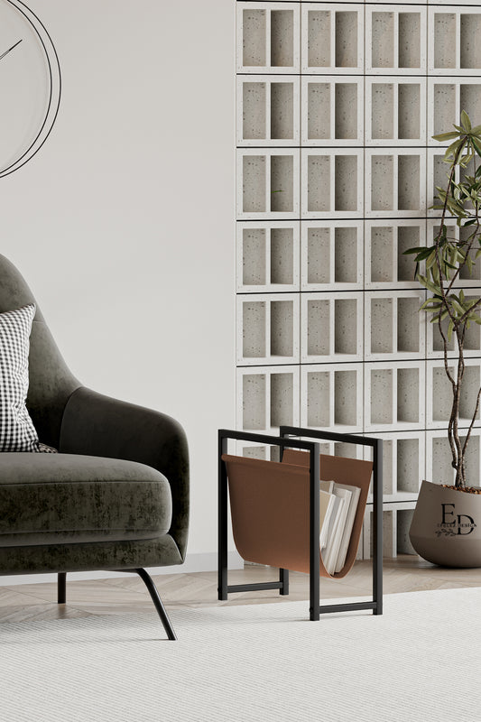 Porte-revues design en cuir tabac et métal noir – Rangement moderne compact EMIDECO